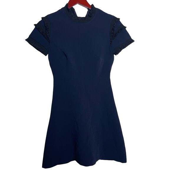 Sandro Navy Mini Dress with Black Frills short sleeve sz 0 - Picture 1 of 6